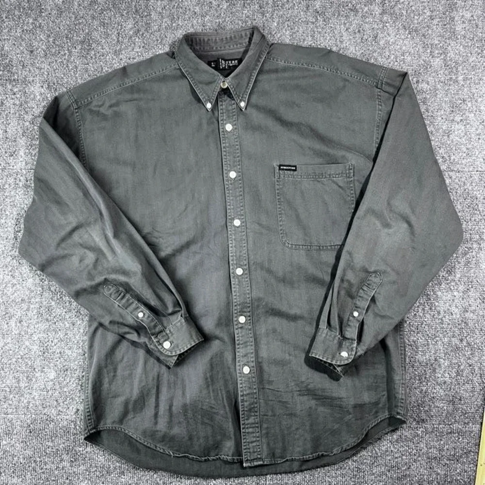 VTG 90s Structure Men's Large Dark Gray Long Sleeve 100% Cotton Button-Up Shirt - Picture 5 of 11